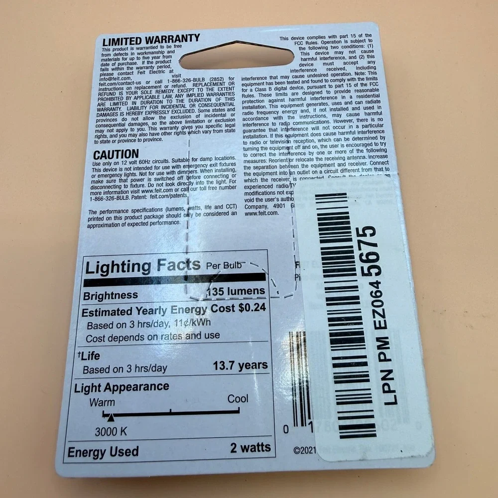 Feit Electric 2W LED Bulb with 20W Equivalent, Dimmable, Wedge Base Bulb, 12 Vo